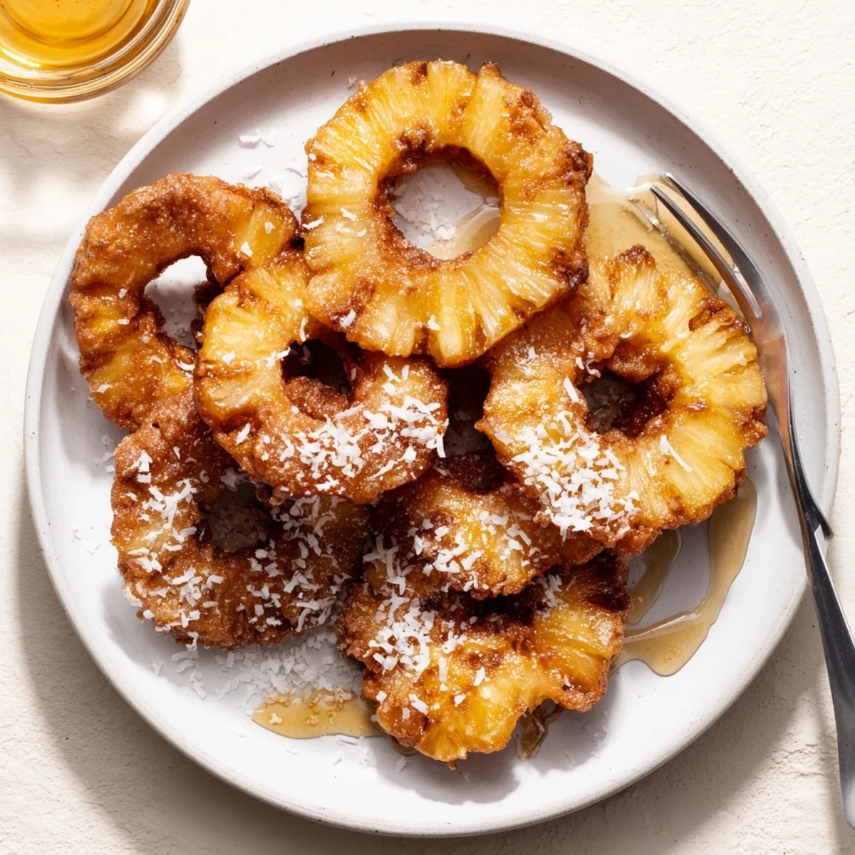 Golden, caramelized Fried Pineapple rings glisten on a white plate with toasted coconut and a scoop of vanilla ice cream.  