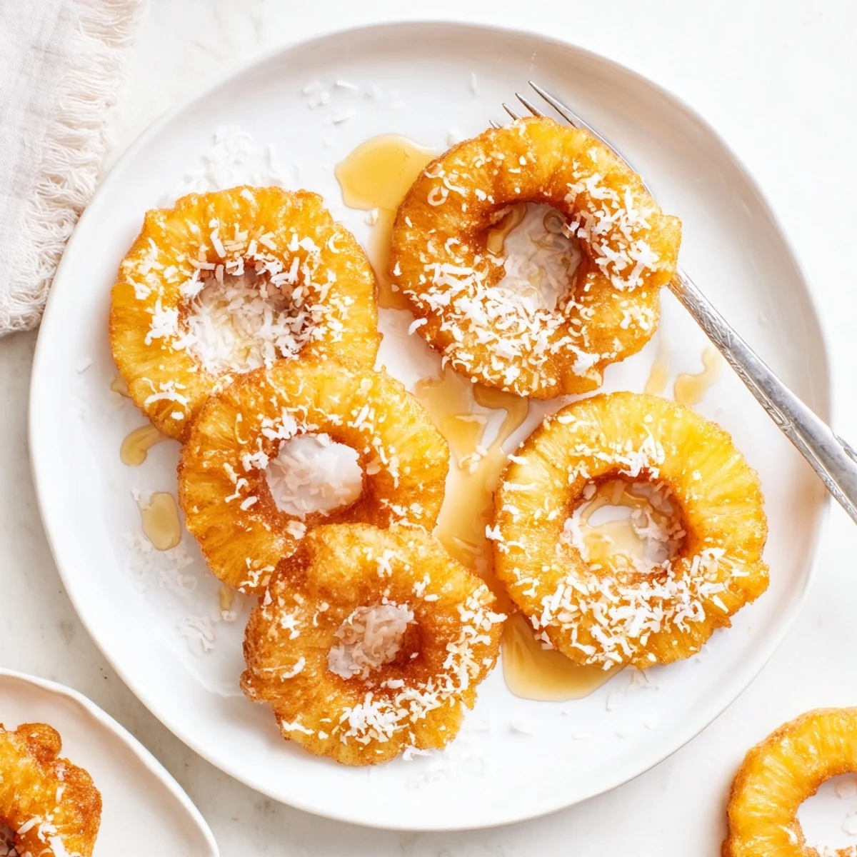 A close-up view of Fried Pineapple batter-dipped rings frying in a skillet with bubbly oil and steam rising.  