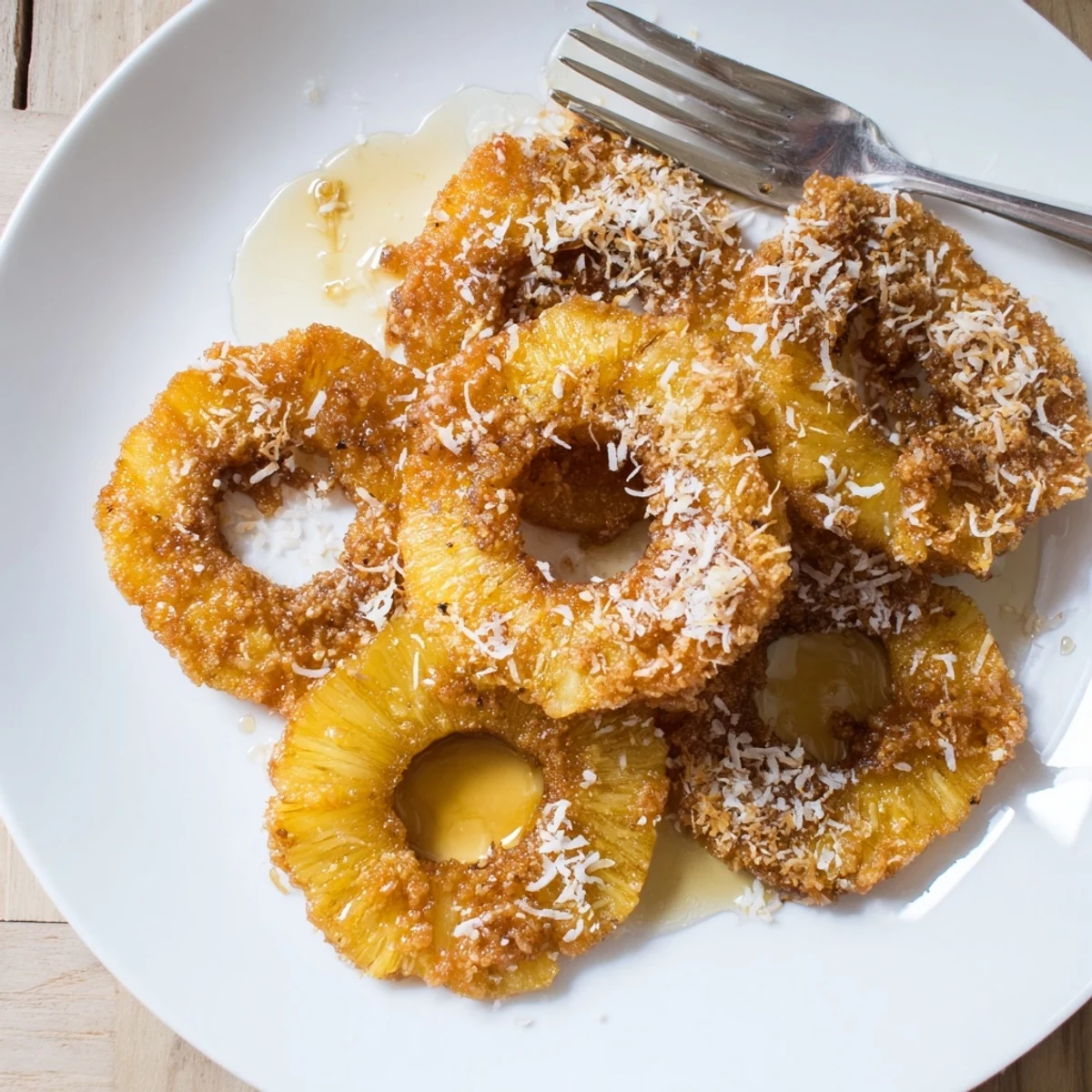 Warm Fried Pineapple topped with honey drizzle served beside fresh pineapple chunks on a rustic wooden table.