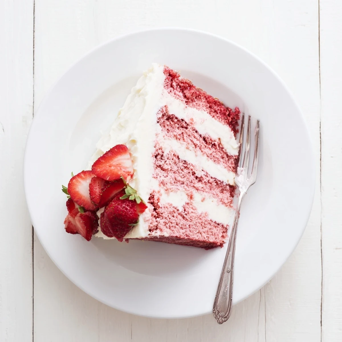 Freshly sliced Strawberry Velvet Cake on a white plate with pink cream cheese frosting and red strawberries.