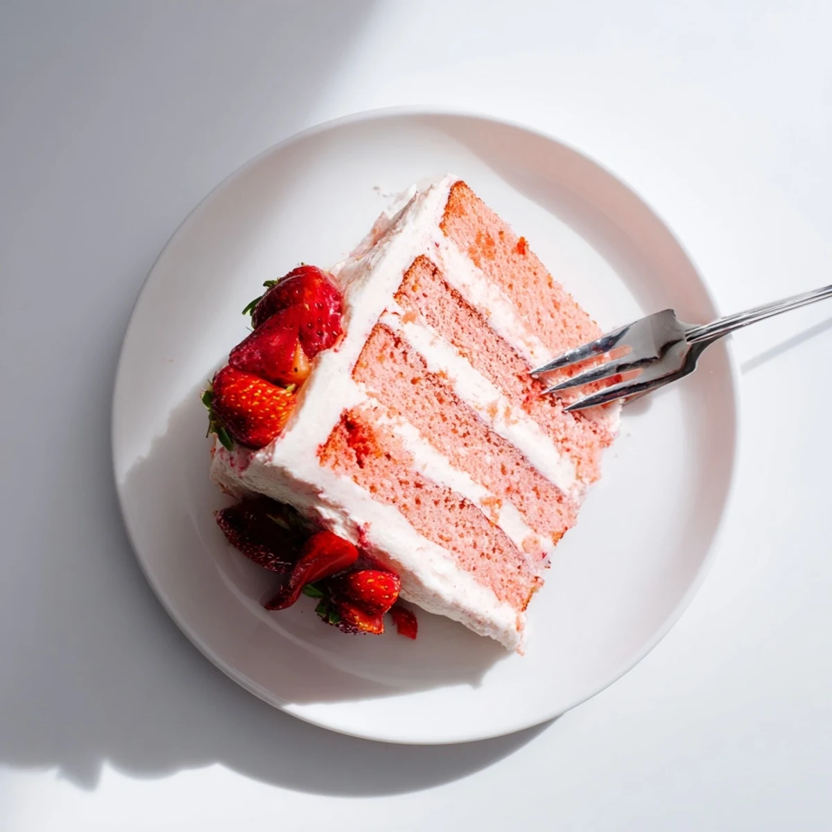 A tall slice of Strawberry Velvet Cake shows moist pink layers stacked high with strawberry purée filling.