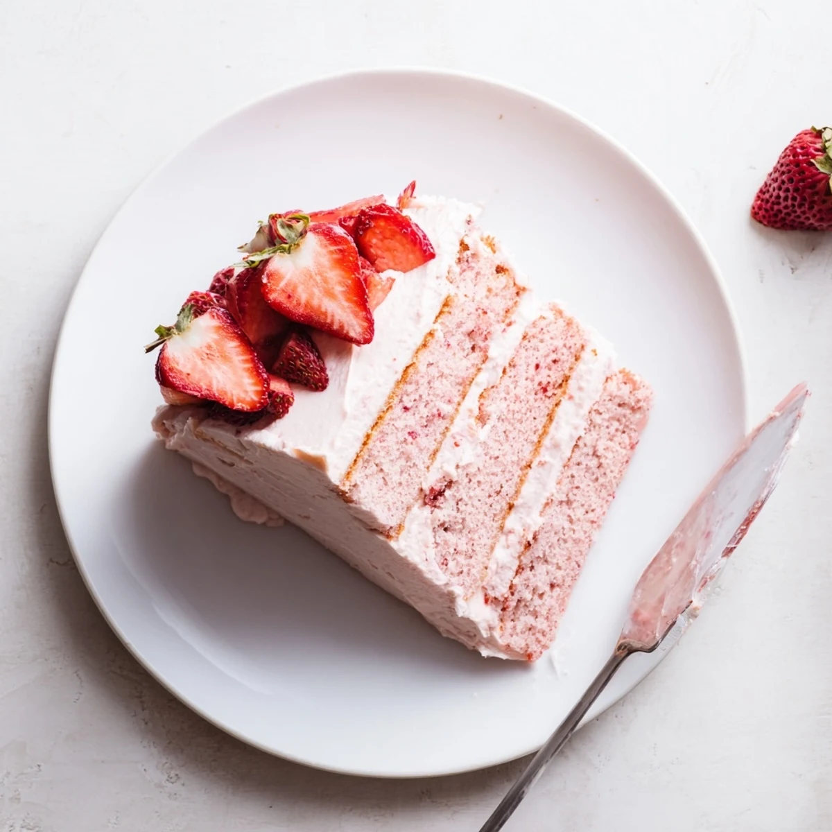 A beautiful whole Strawberry Velvet Cake decorated with fresh strawberry halves sits ready to serve.