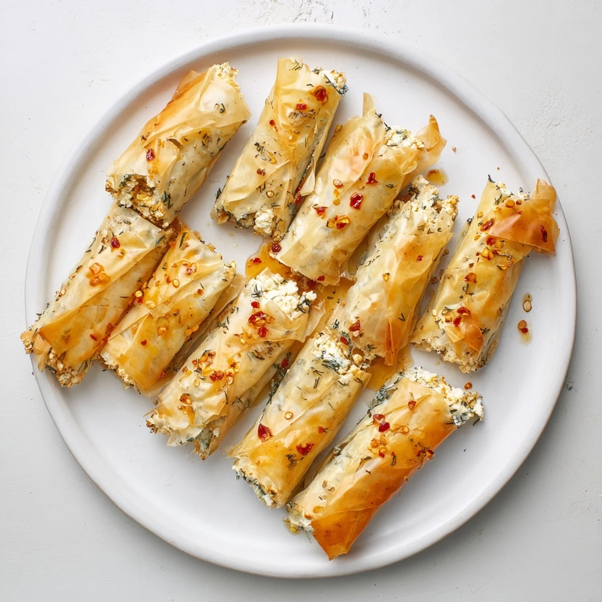 Golden-baked Oven Fried Feta Rolls with Spicy Chili Honey, showcasing crispy phyllo layers and a vibrant red drizzle on a plate.