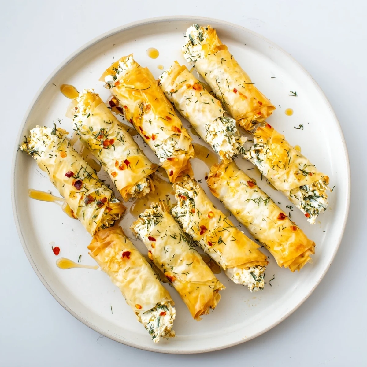 Freshly baked Oven Fried Feta Rolls with Spicy Chili Honey arranged on a rustic platter, ready to be served as an appetizer.