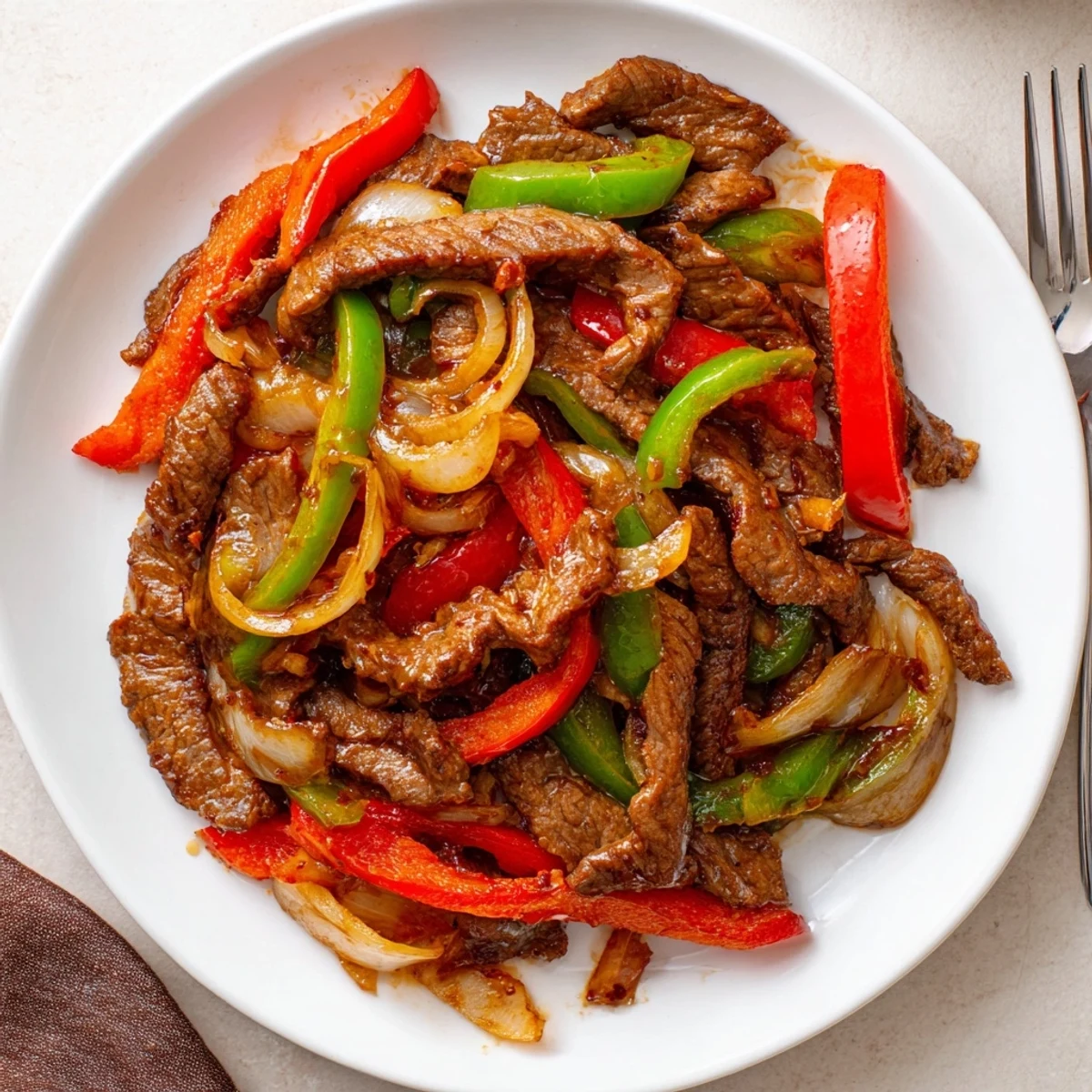 A close-up of Sizzling Chinese Pepper Steak With Onions served over white rice with chopsticks nearby.