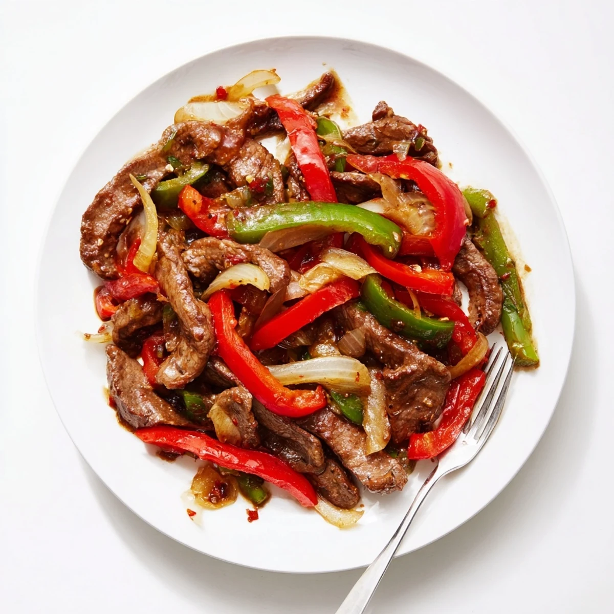 Steaming Sizzling Chinese Pepper Steak With Onions sizzles in a wok with colorful peppers and onions.