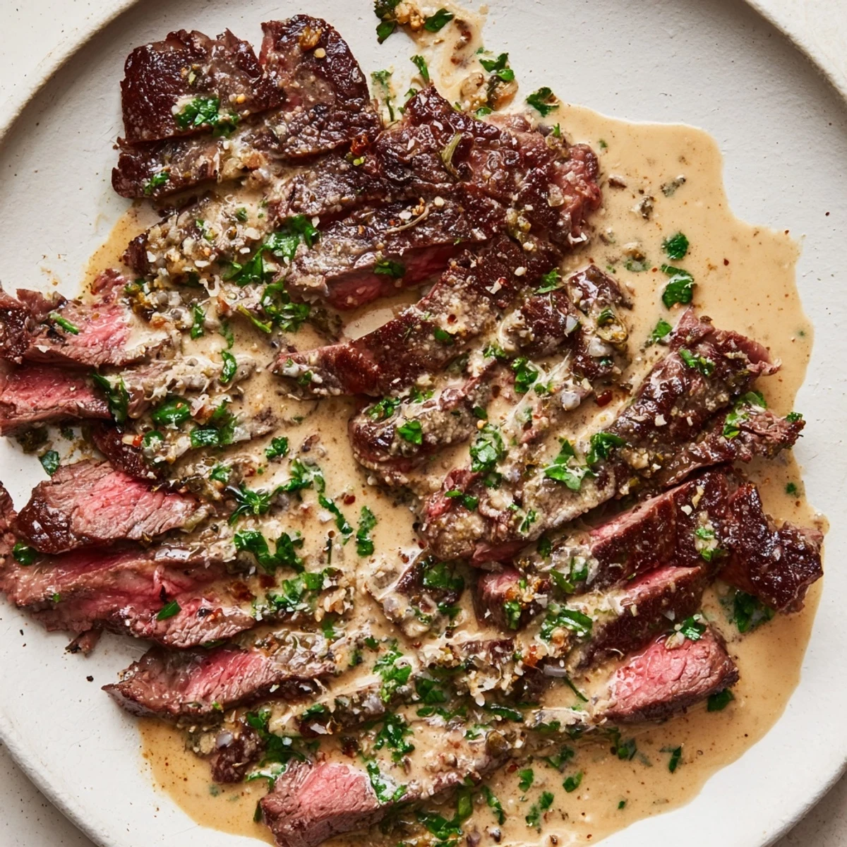 Sizzling ribeye steak plated with creamy garlic sauce, garnished with fresh parsley and served alongside roasted potatoes.