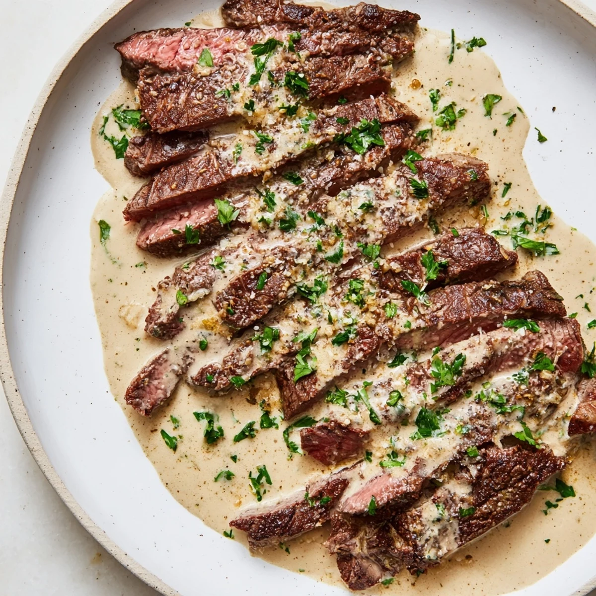 Juicy steak with creamy garlic sauce featured on a rustic wooden board, steam rising from the rich, velvety topping.