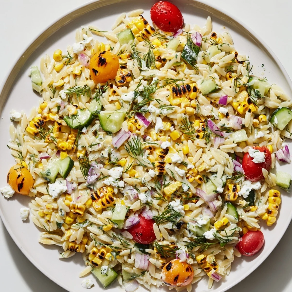 Grilled Corn Orzo Salad is served chilled in a white bowl, garnished with fresh herbs.