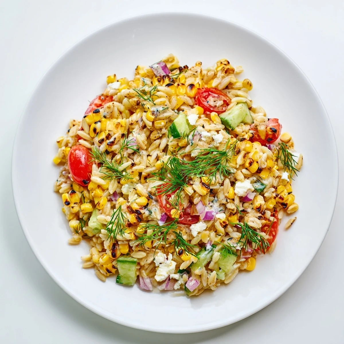 Charred sweet corn kernels and tender orzo tossed with crisp veggies and a creamy scallion dill dressing.