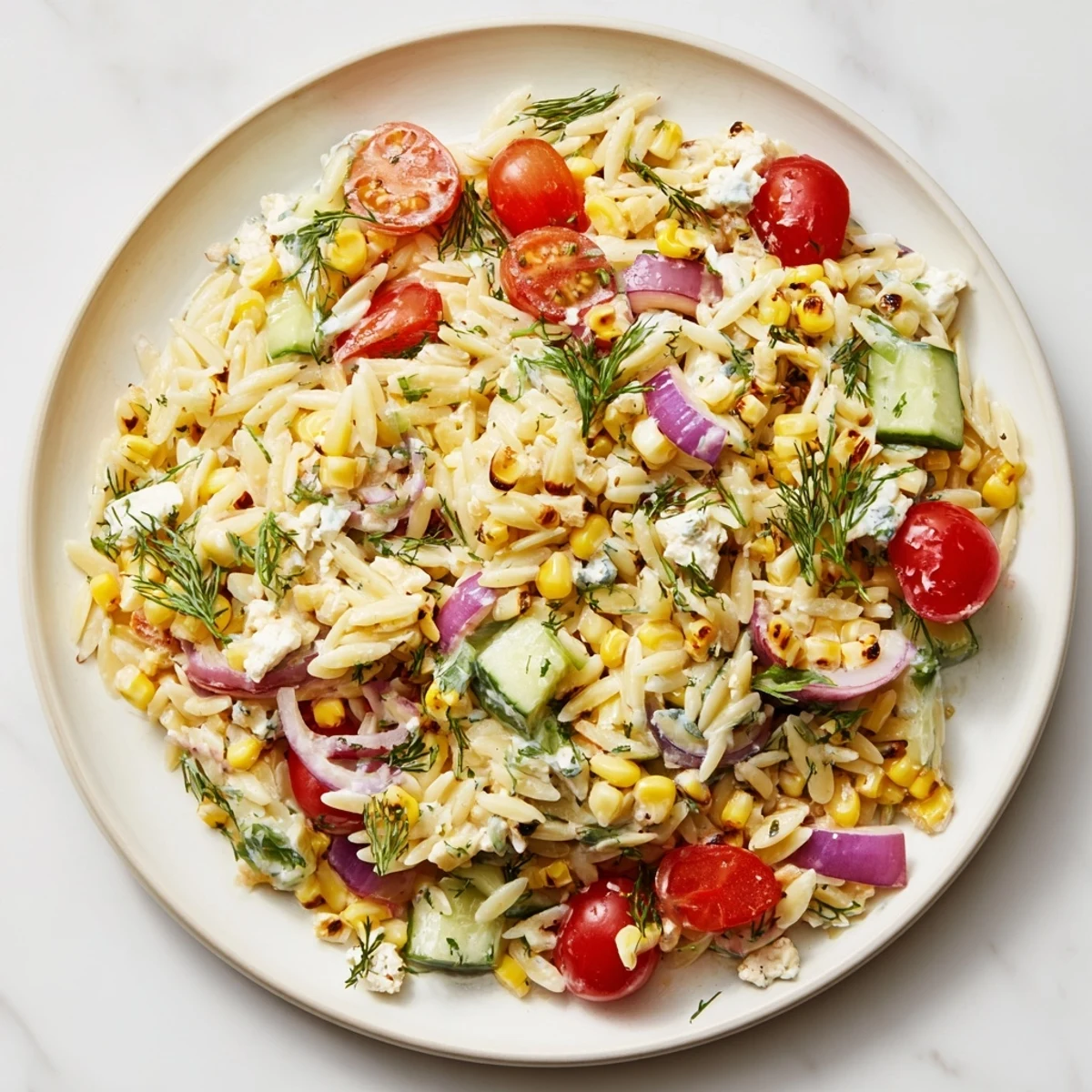 A summer-friendly Grilled Corn Orzo Salad with feta crumbles, cherry tomatoes, and a zesty lemon dressing.