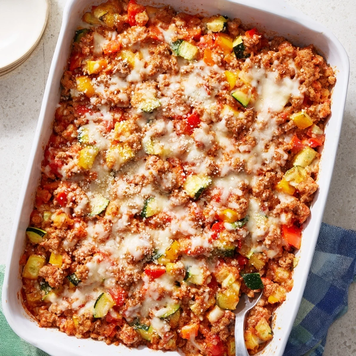 Golden bubbly cheese tops this Easy Ground Turkey Zucchini Casserole fresh from the oven.  