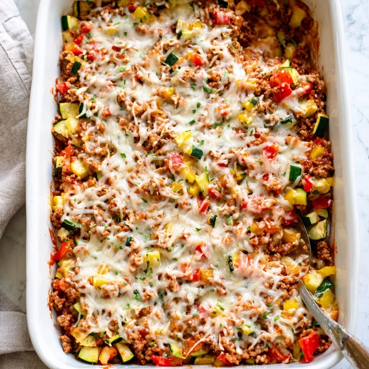 The Easy Ground Turkey Zucchini Casserole offers a hearty scoop with zucchini and melted mozzarella.  