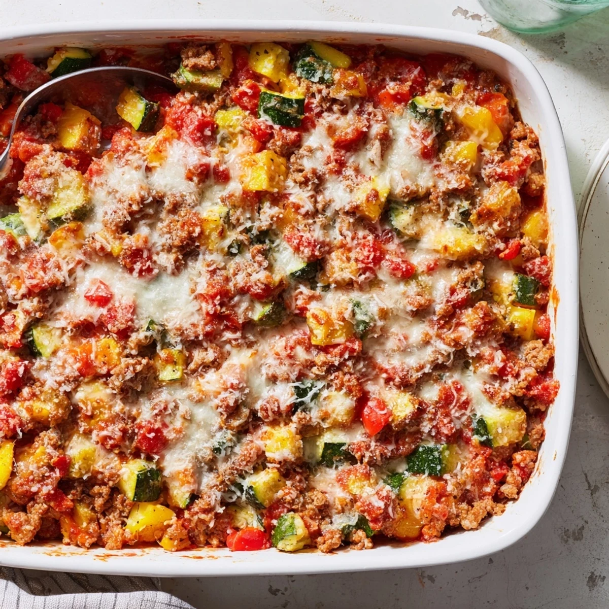 A close-up of Easy Ground Turkey Zucchini Casserole shows a golden cheese crust on a rustic dish.
