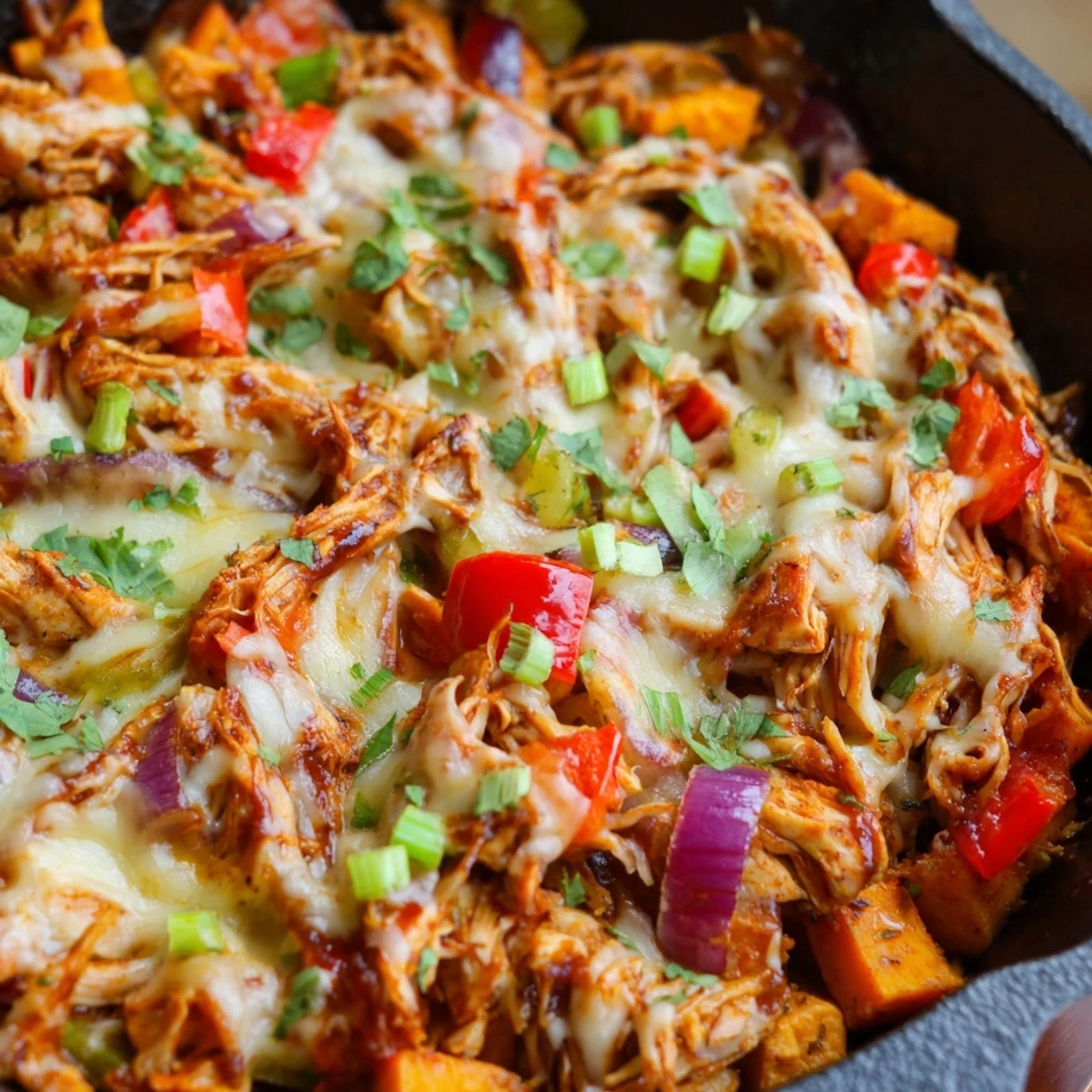 Melted cheddar and mozzarella blanket smoky BBQ chicken nestled among tender golden sweet potato cubes in a sizzling cast-iron skillet.  