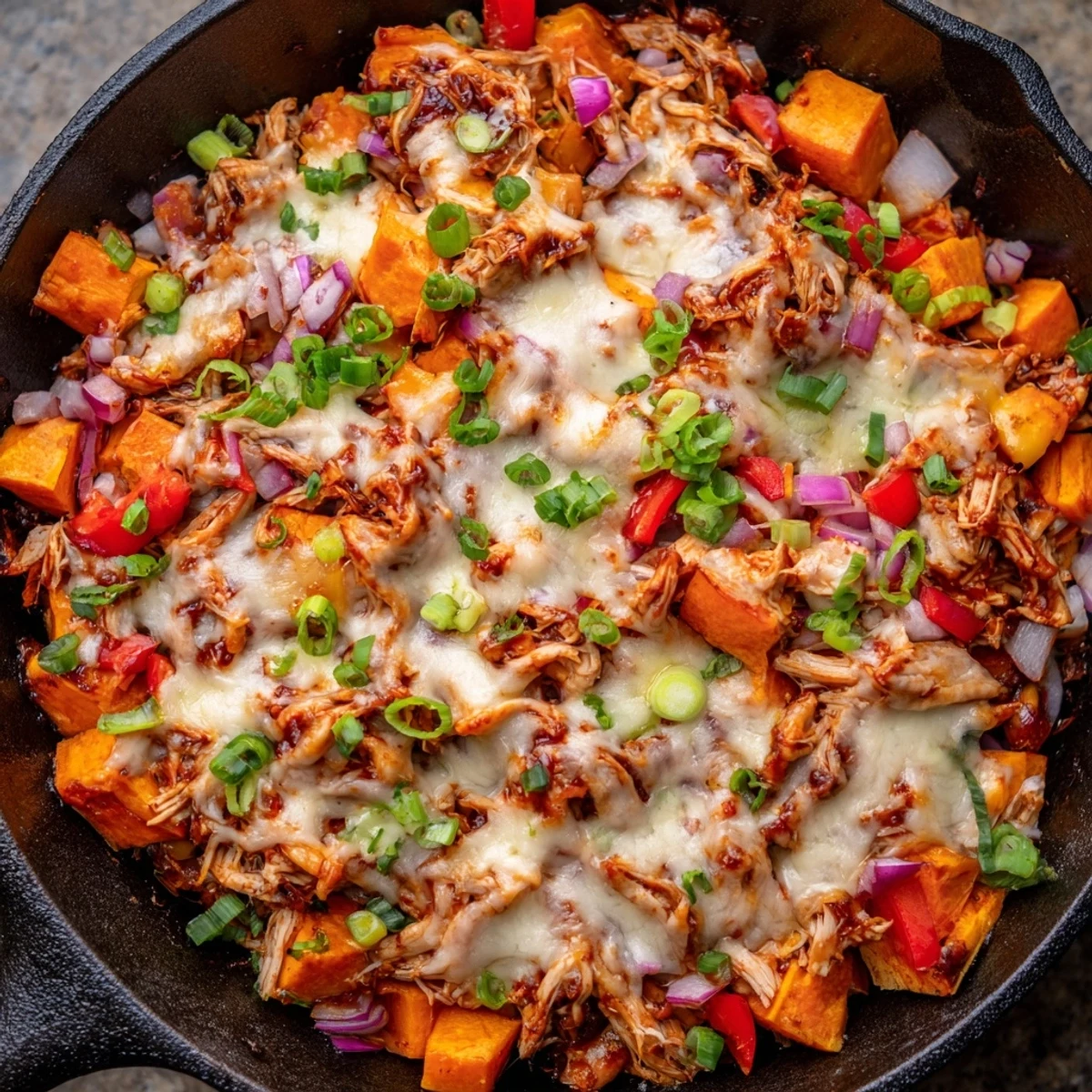 This cozy one-pan American comfort dish features caramelized sweet potatoes, savory BBQ chicken, and a golden cheese topping.
