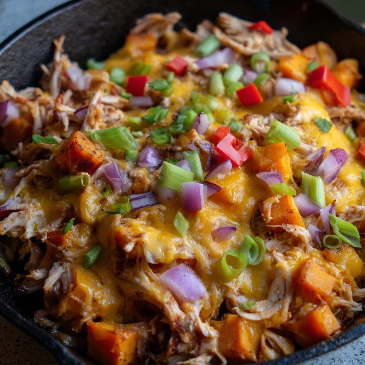Fork-tender sweet potatoes mingle with juicy shredded BBQ chicken and colorful peppers beneath a bubbling blanket of cheddar.  