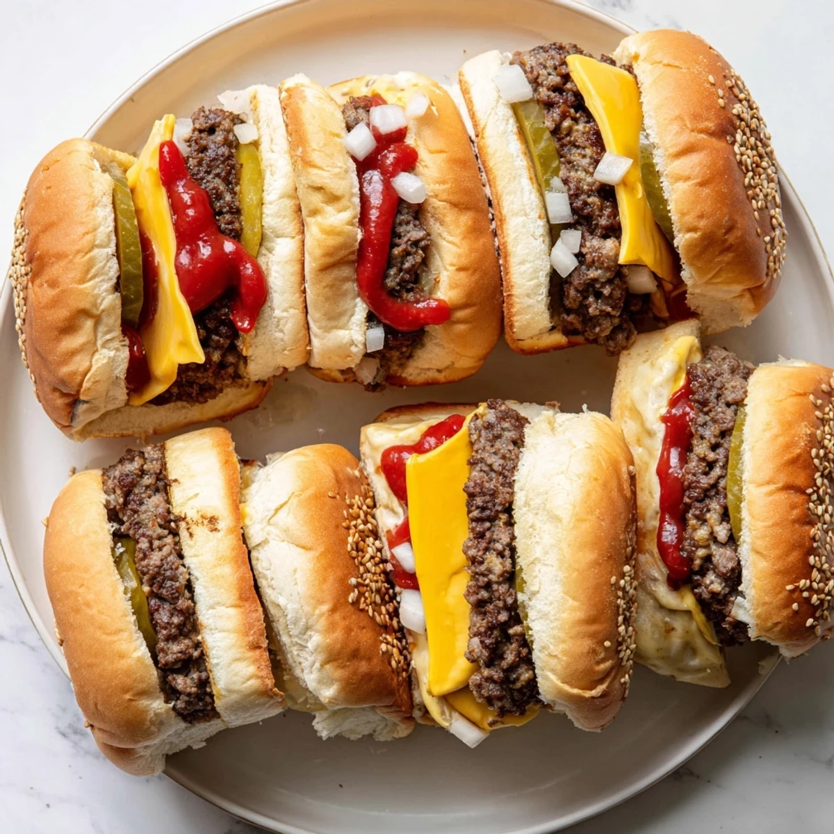 Golden-brown toasted buns stacked with juicy baked beef patties, melted American cheese, pickles, and ketchup on a serving platter.
