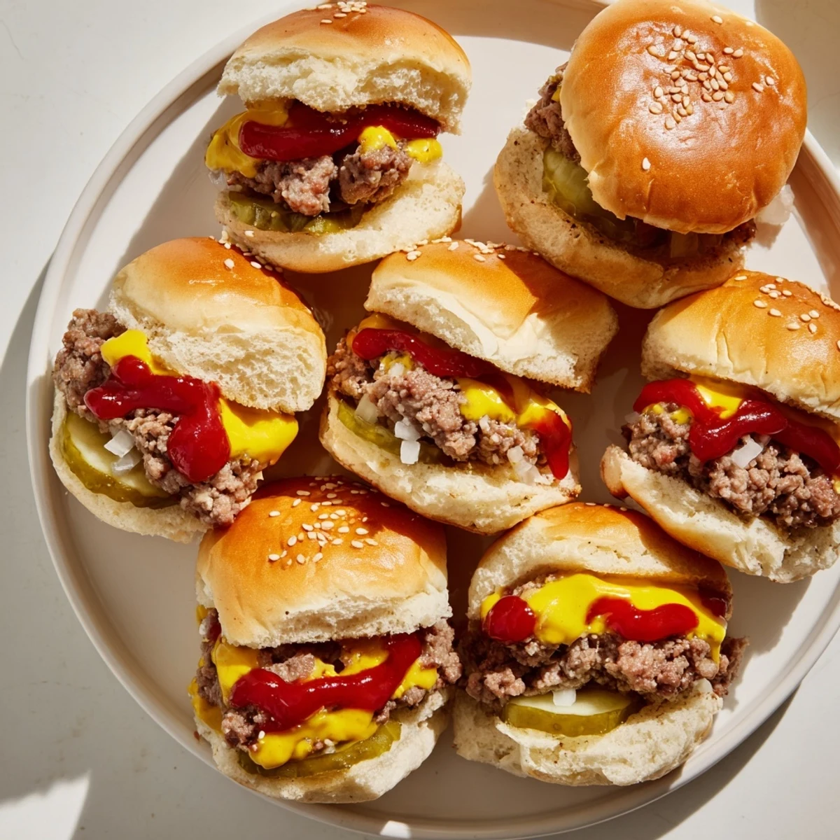 Freshly baked White Trash Sliders arranged on parchment, featuring layered toppings and melted cheese for a game-day snack spread.