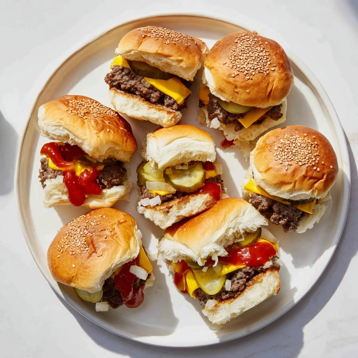 Close-up of mini sliders with sesame seed buns, tangy mustard, diced onions, and a side of potato chips for crunch.