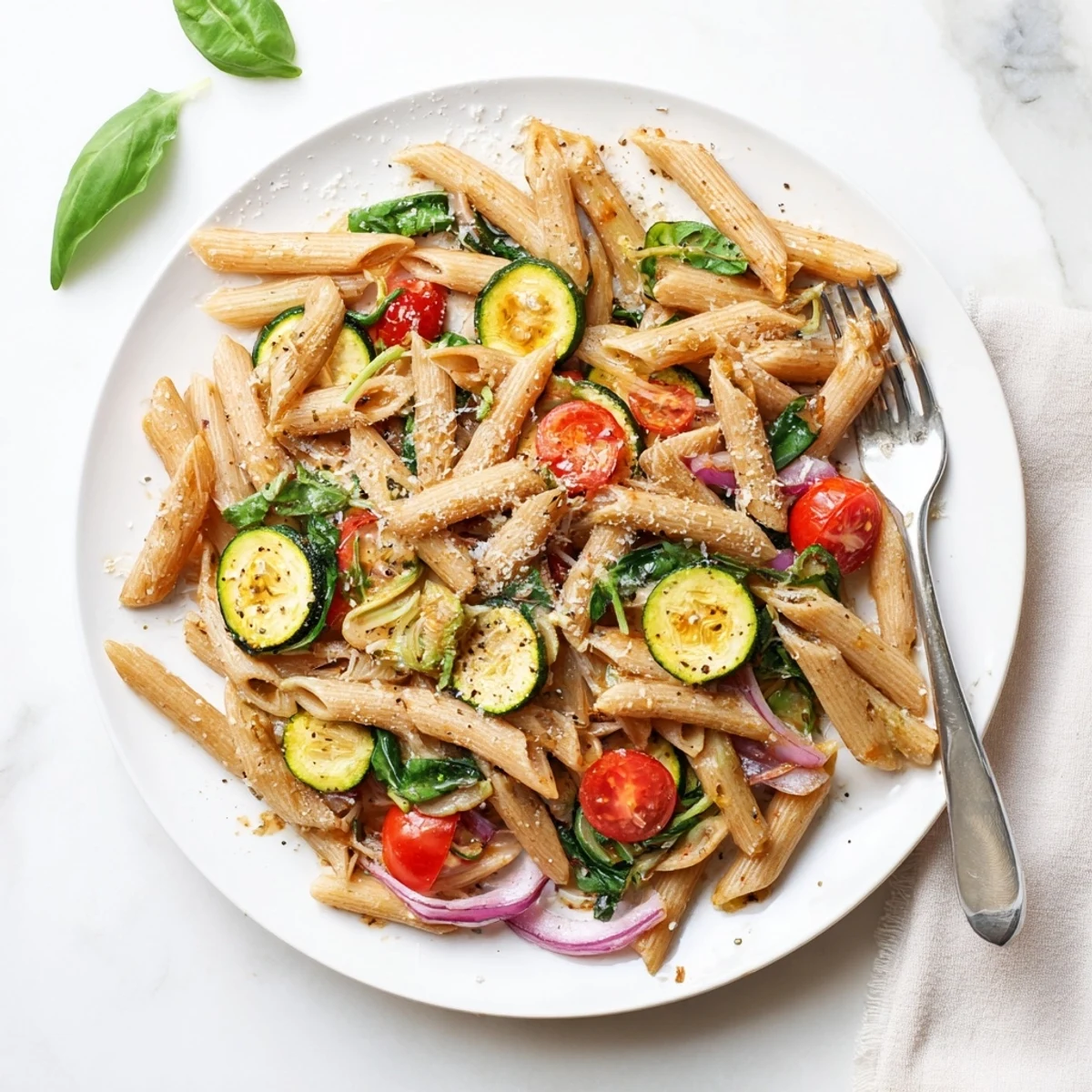 A close-up of Healthy Tomato Zucchini Pasta garnished with fresh basil and Parmesan, served in a white bowl.