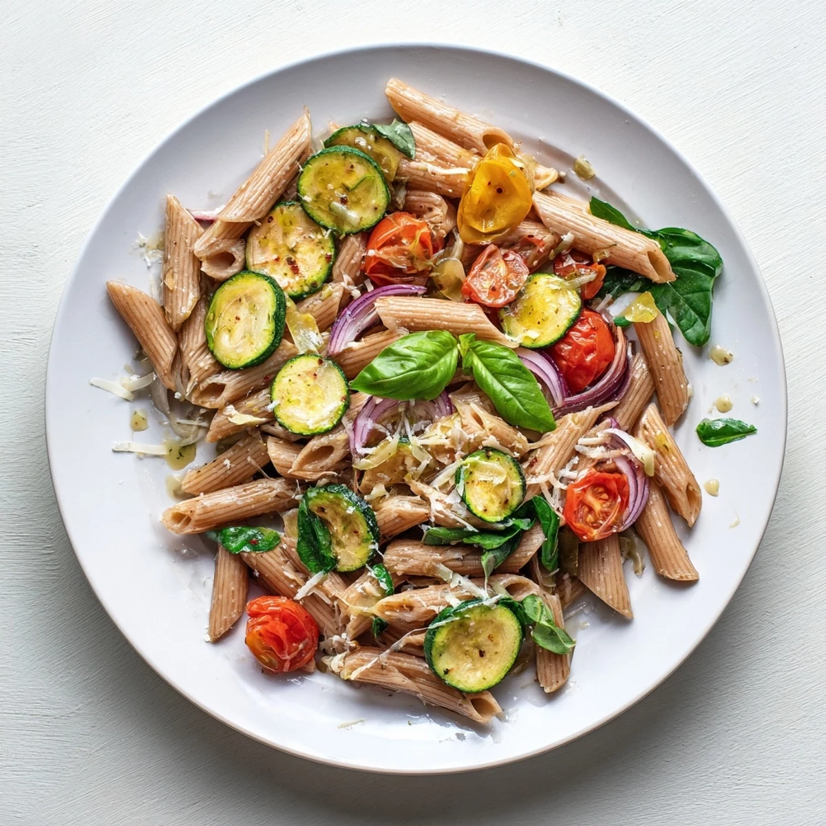 Healthy Tomato Zucchini Pasta plated on a rustic table, highlighting colorful vegetables and a light herb-infused sauce.