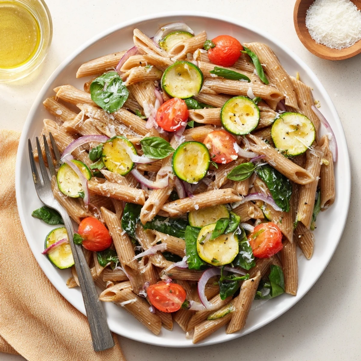This Healthy Tomato Zucchini Pasta features al dente whole wheat noodles tossed with sautéed zucchini and cherry tomatoes.