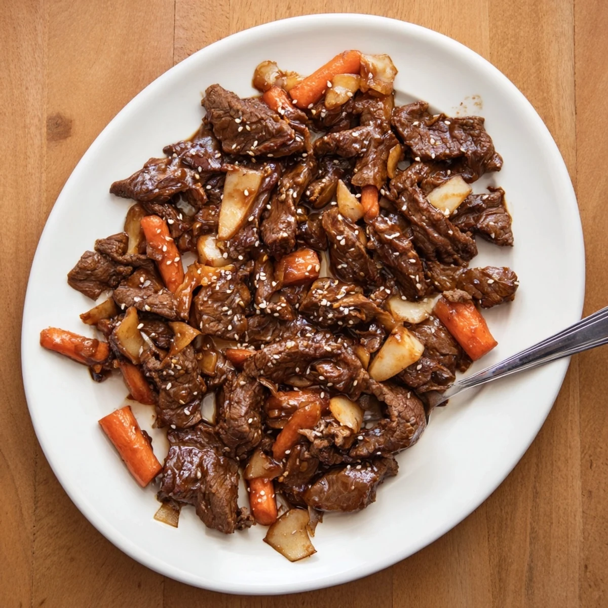 Steaming Korean Style Pot Roast with tender beef chunks and carrots in savory sauce on a platter.