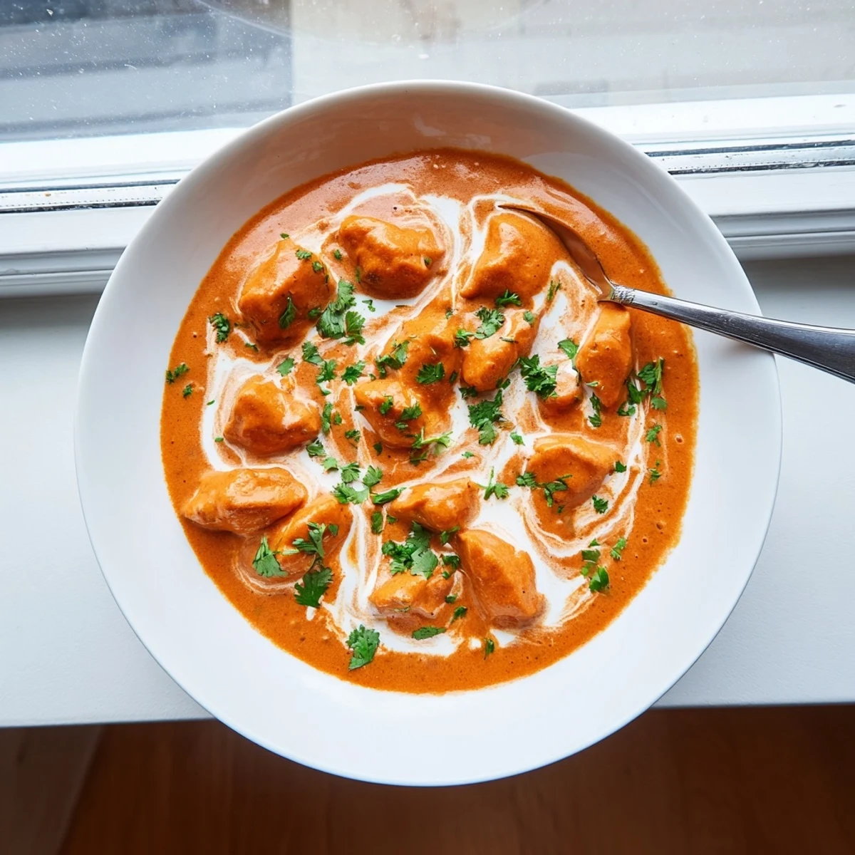 Close-up of rich, creamy Butter Chicken in a skillet, highlighting the vibrant orange sauce and juicy chicken.
