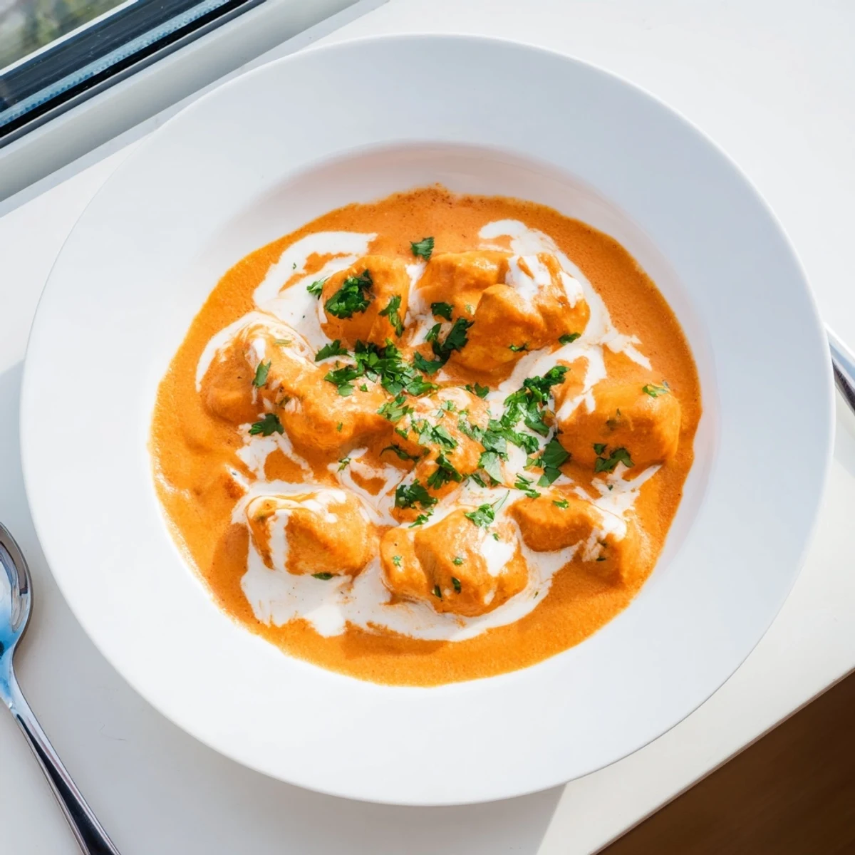 Steaming Bowl of Butter Chicken garnished with fresh cilantro and naan bread on a rustic wooden table.