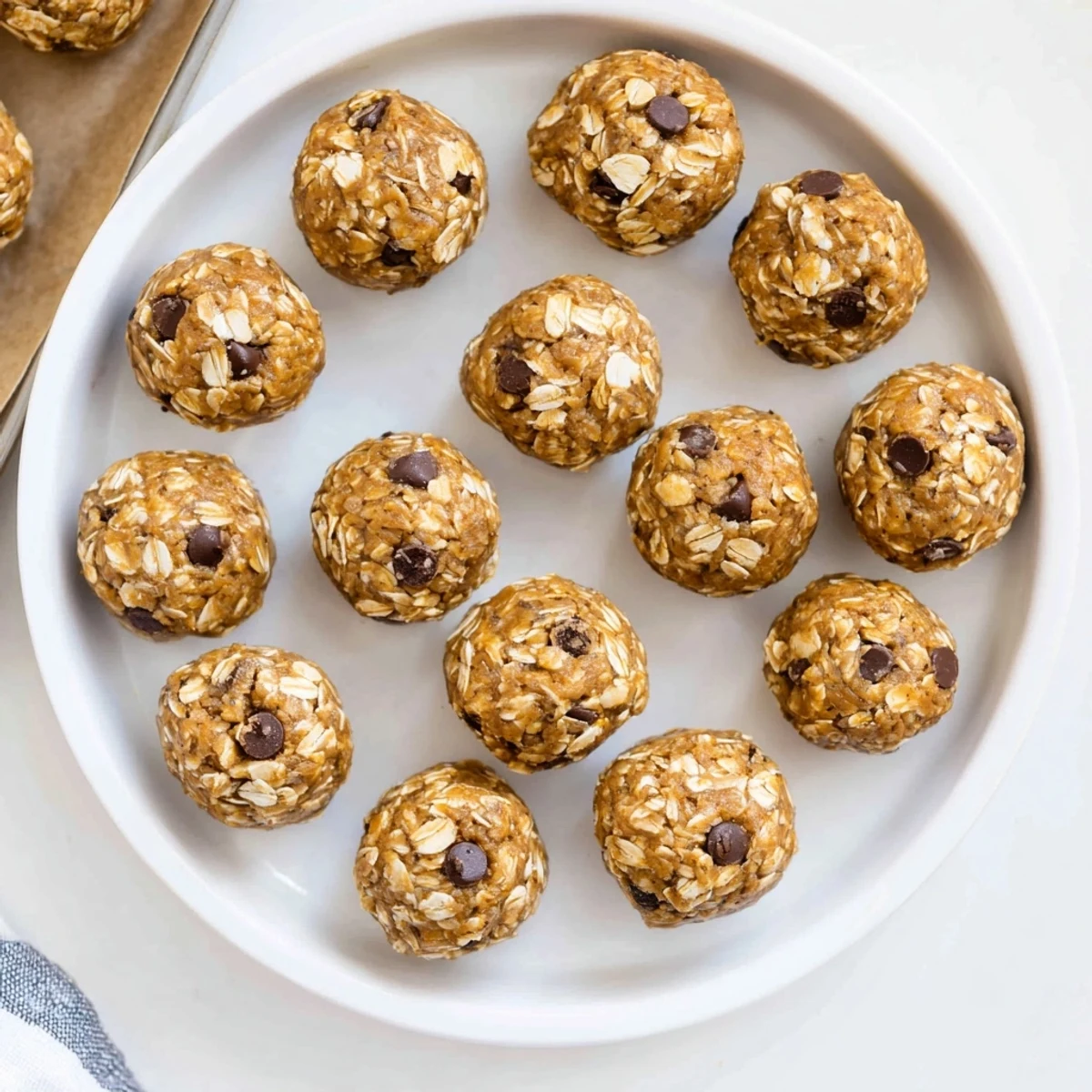 Close-up view of No Bake Peanut Butter Energy Bites highlighting oats, peanut butter, and chocolate chips in a delicious bite.