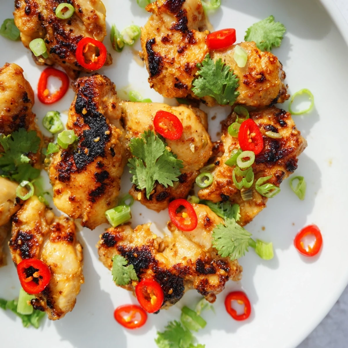 Golden-brown pan-seared Vietnamese Lemongrass Chicken thighs glistening with fragrant garlic and lemongrass marinade, served with fresh cilantro and chili slices.