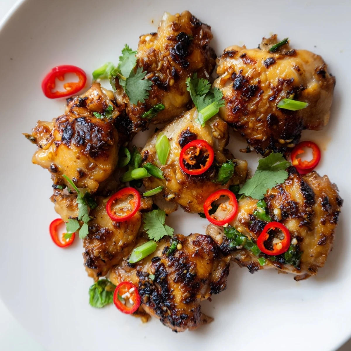 Vietnamese Lemongrass Chicken sizzling in a skillet, featuring tender, aromatic chicken pieces garnished with scallions, perfect over steamed jasmine rice.