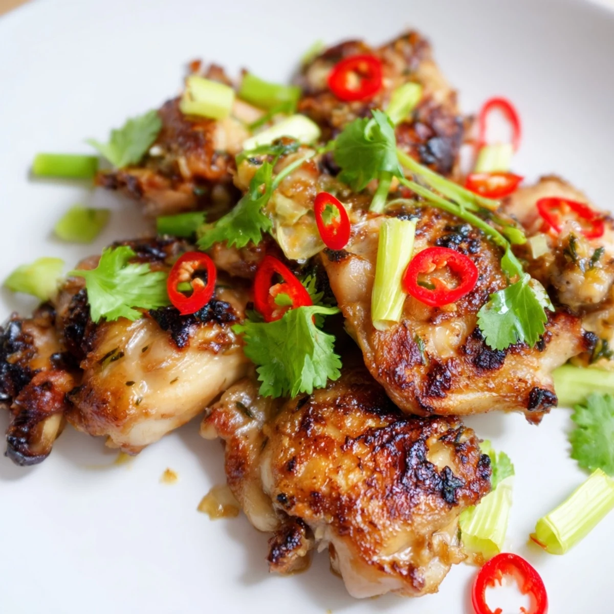 Succulent Vietnamese Lemongrass Chicken resting on a white plate, topped with fresh cilantro and chili, ready to be enjoyed with noodles or rice.