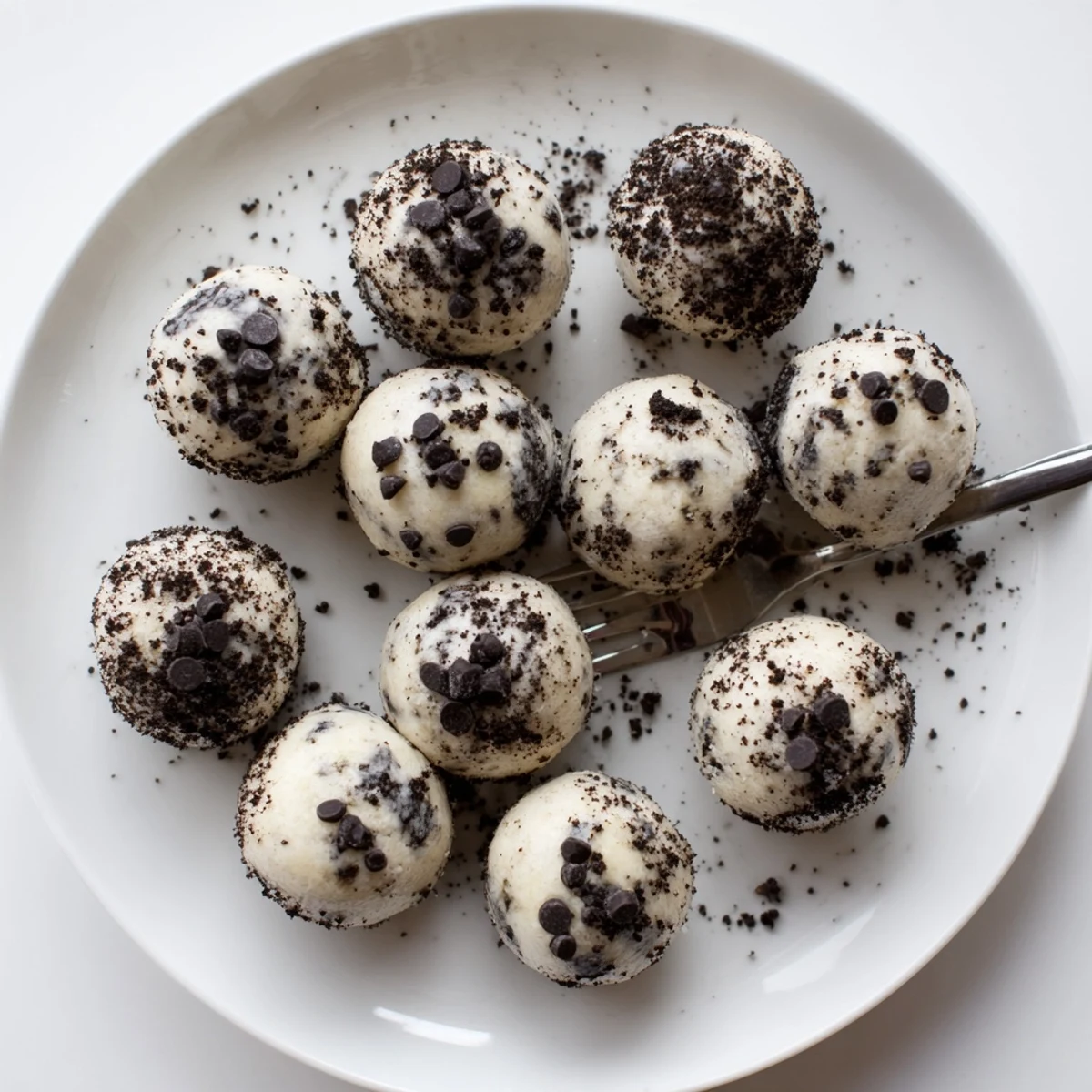 Individually wrapped Cream Cheese Oreo Protein Balls on a tray with a bite showing a rich chocolate cookie center.