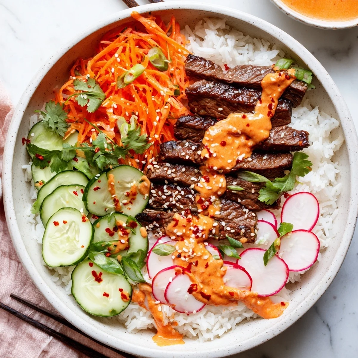 Vibrant Korean BBQ Steak Rice Bowls with Spicy Cream Sauce feature caramelized steak, crisp veggies, and creamy drizzle over fluffy white rice.