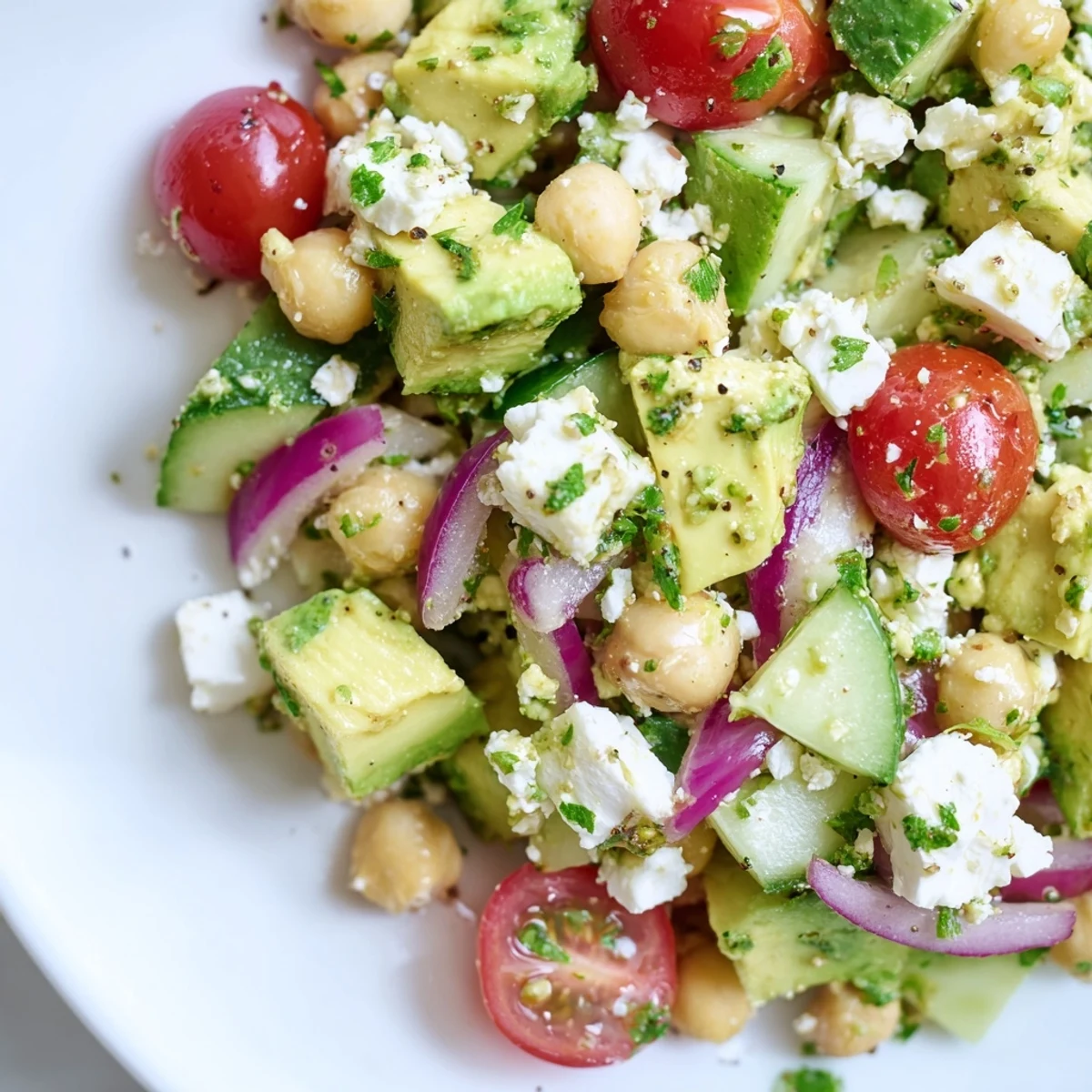 Bright green avocado chunks and creamy white feta cubes mix with chickpeas, tomatoes, and red onion in a vibrant salad bowl.