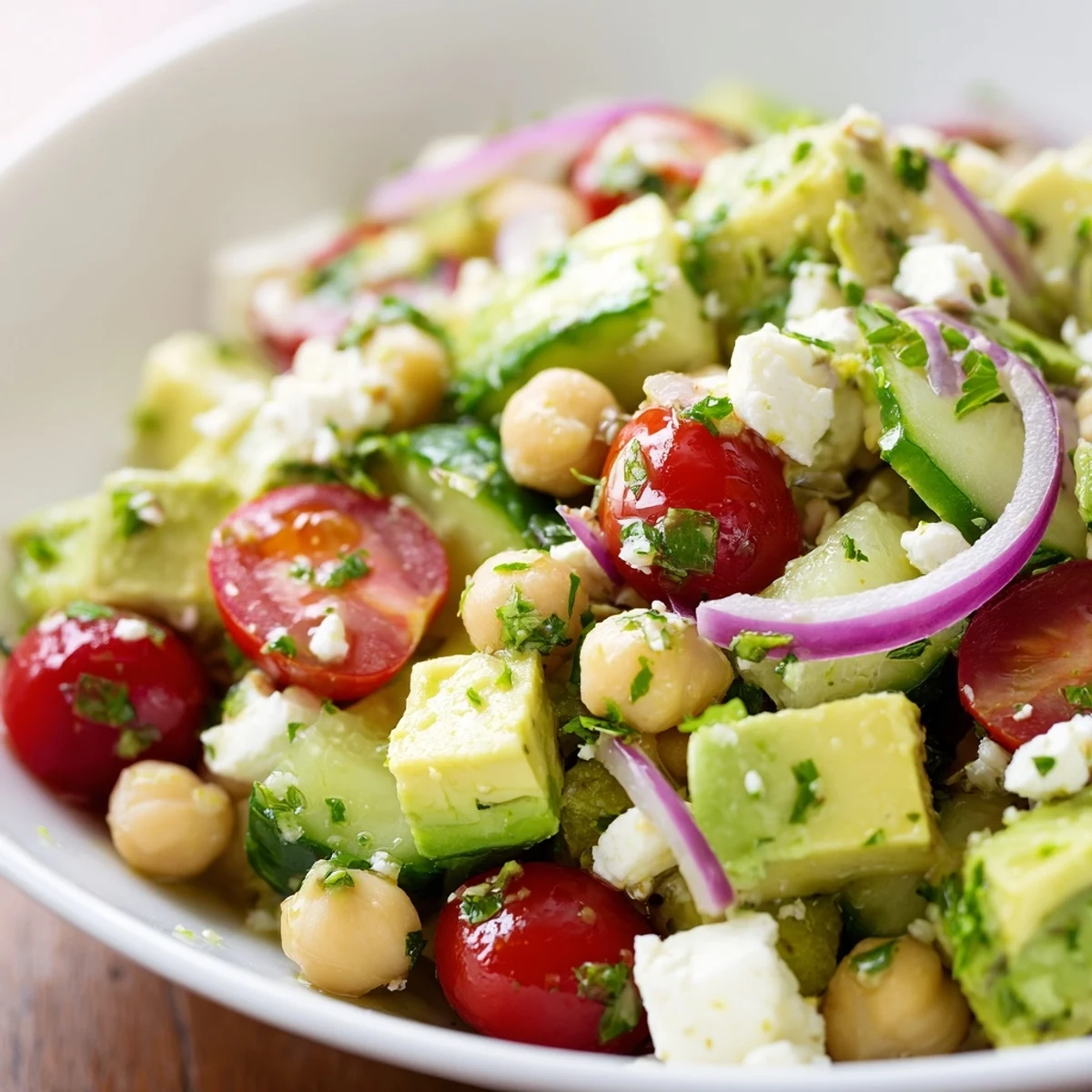 Fresh lemon-herb dressing coats the Mediterranean Chickpea Feta Avocado Salad, served ready for a healthy lunch or dinner.