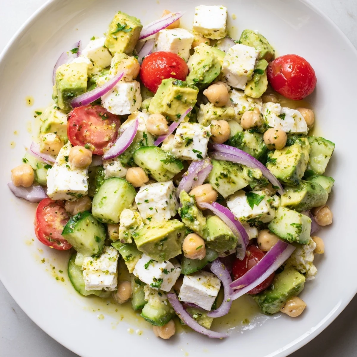 Colorful ingredients for the Chickpea Feta Avocado Salad are arranged on a cutting board, showing diced vegetables and crumbled cheese.