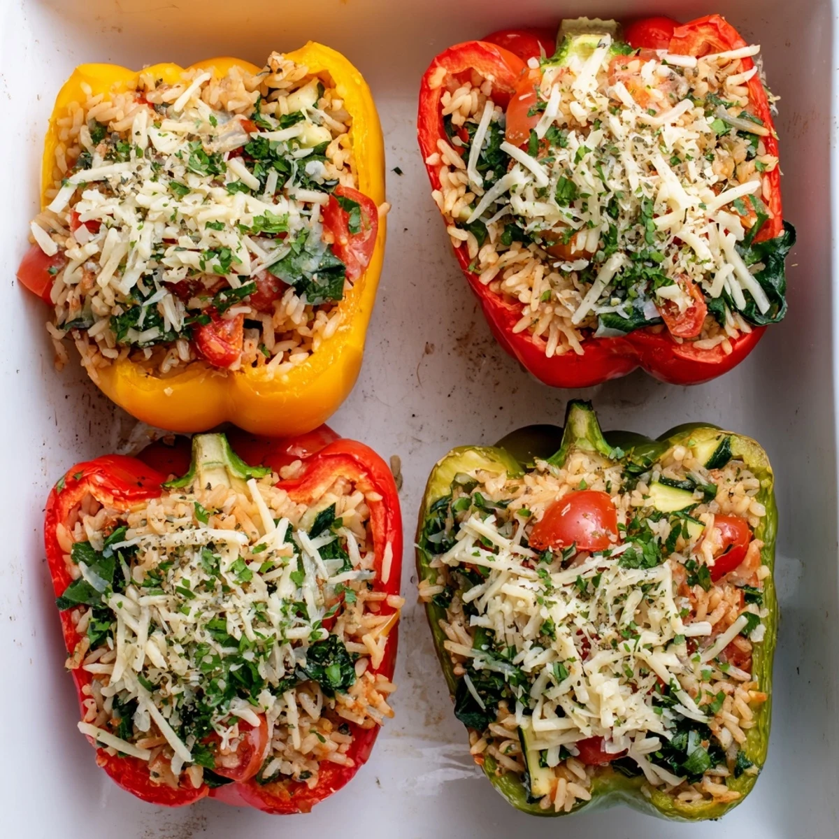 The baked vegetarian stuffed bell peppers filled with rice, vegetables, and melted mozzarella cheese.