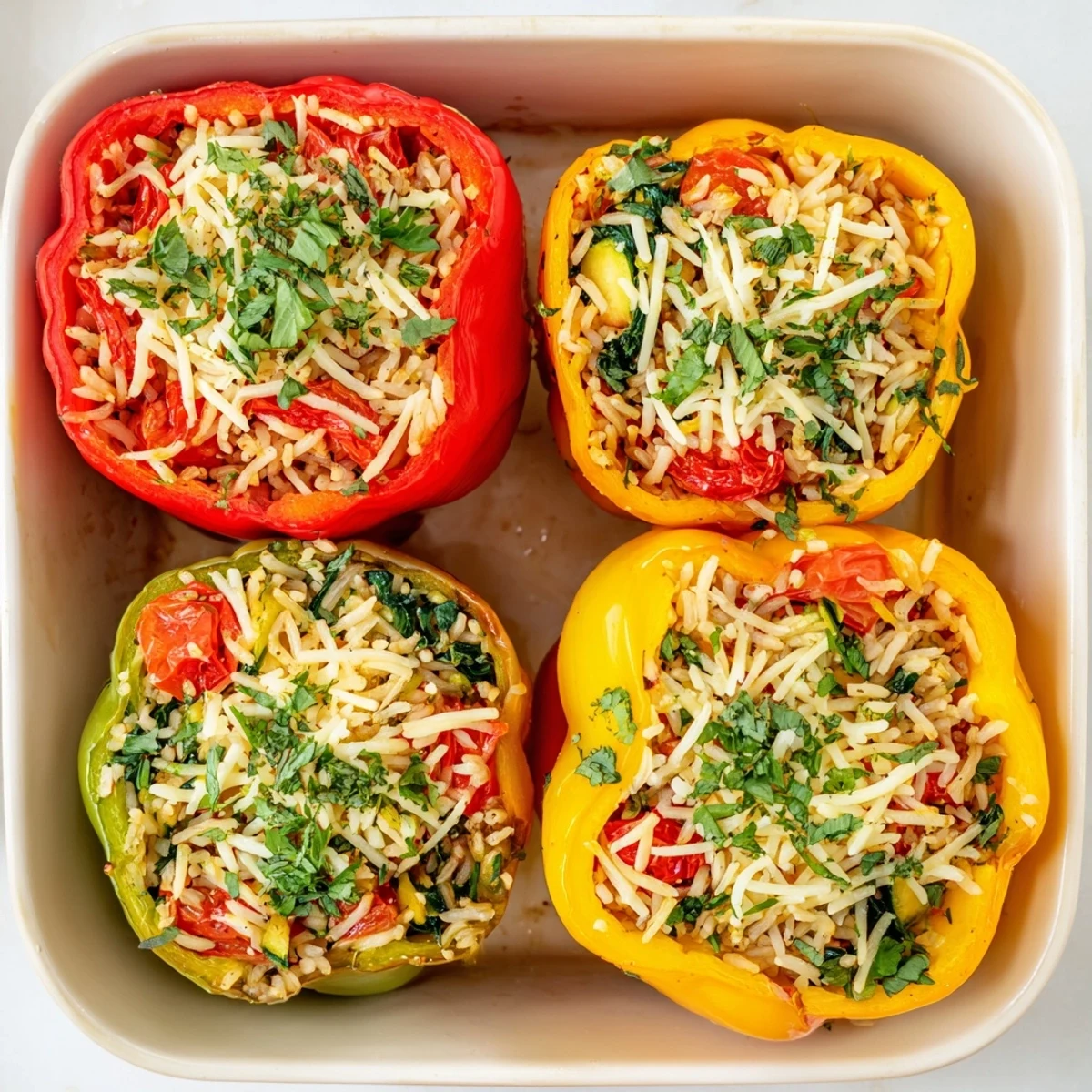Golden-brown peppers stuffed with savory rice, spinach, and zucchini, topped with melted mozzarella.