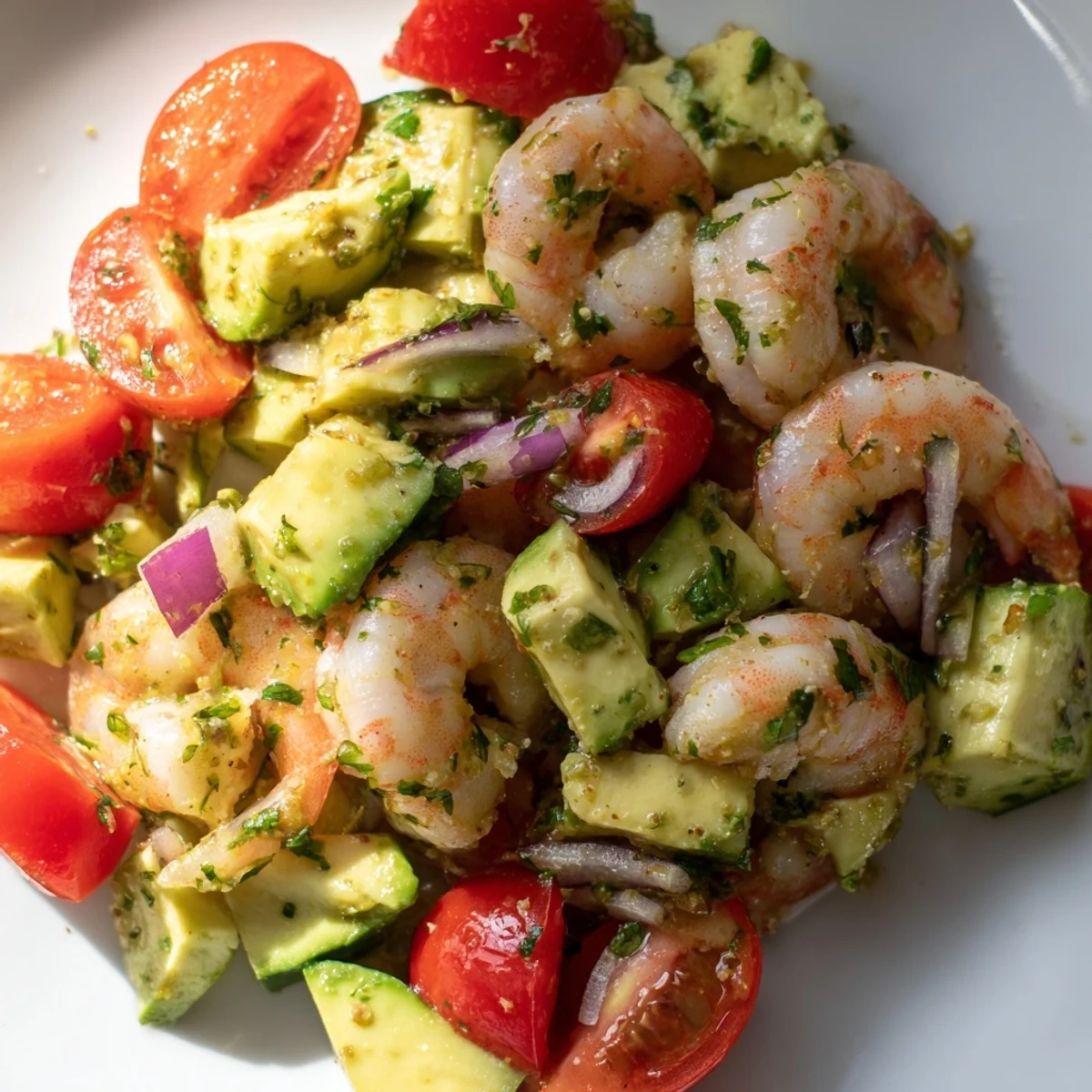 Close-up of Healthy Shrimp Avocado Salad showing succulent shrimp, creamy avocado cubes, and crisp diced cucumber.