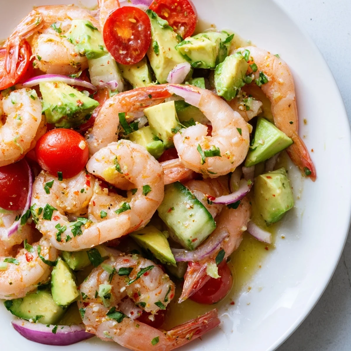 Fresh, chilled Healthy Shrimp Avocado Salad in a white bowl with vibrant red tomatoes and green cilantro.