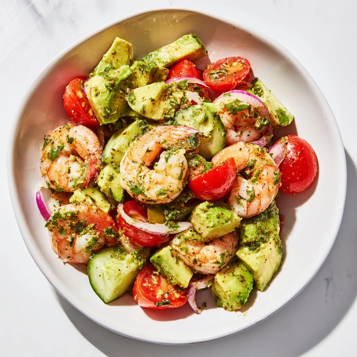Healthy Shrimp Avocado Salad served on a plate with lime wedges, perfect for a light summer lunch.