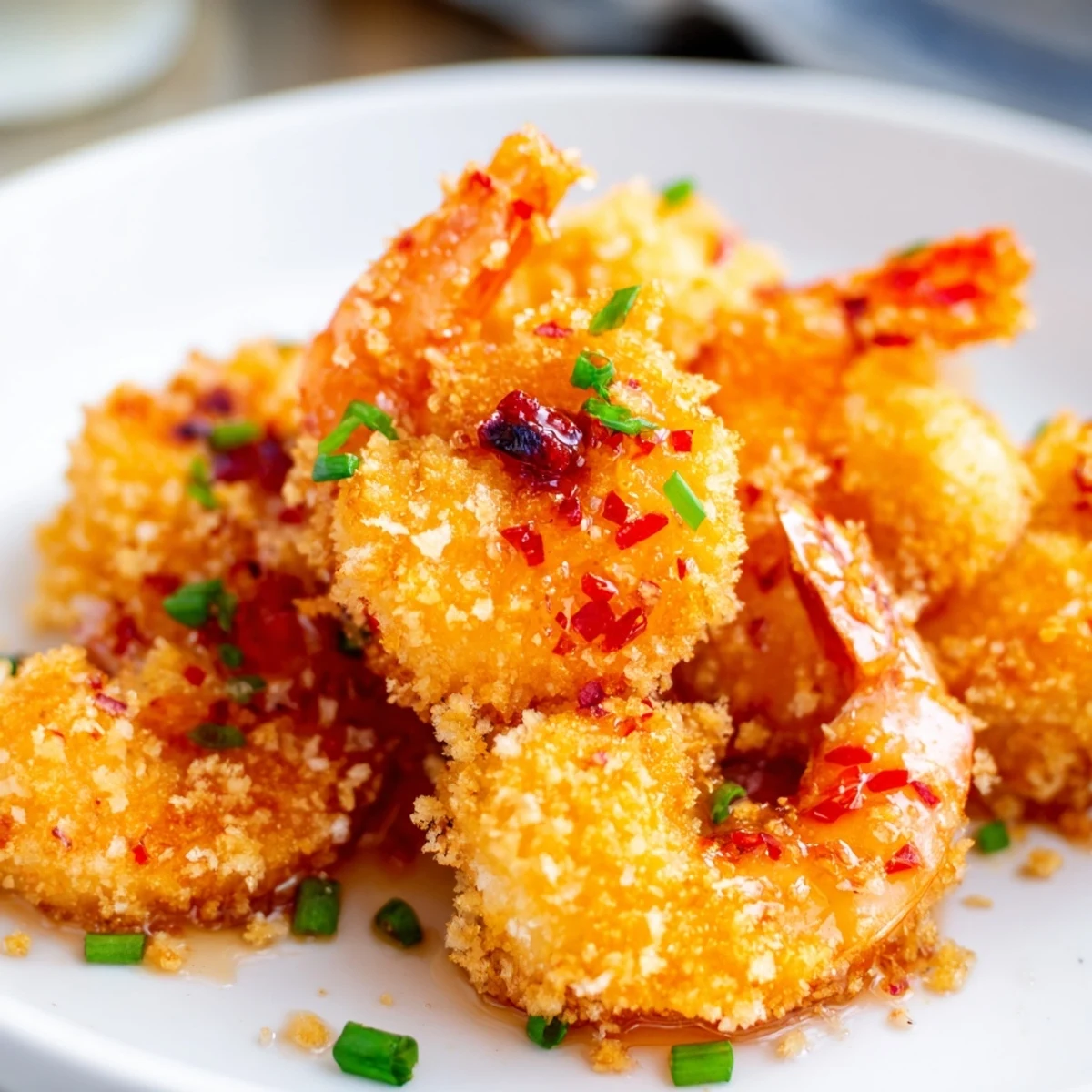 Golden crispy hot honey fried shrimp coated in sweet spicy glaze
