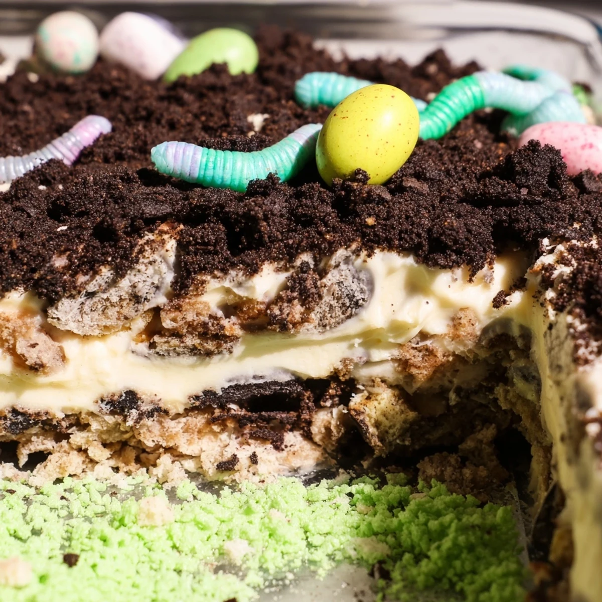 Easter dirt cake casserole with creamy vanilla pudding layers topped with chocolate cookie crumbs and colorful gummy worms