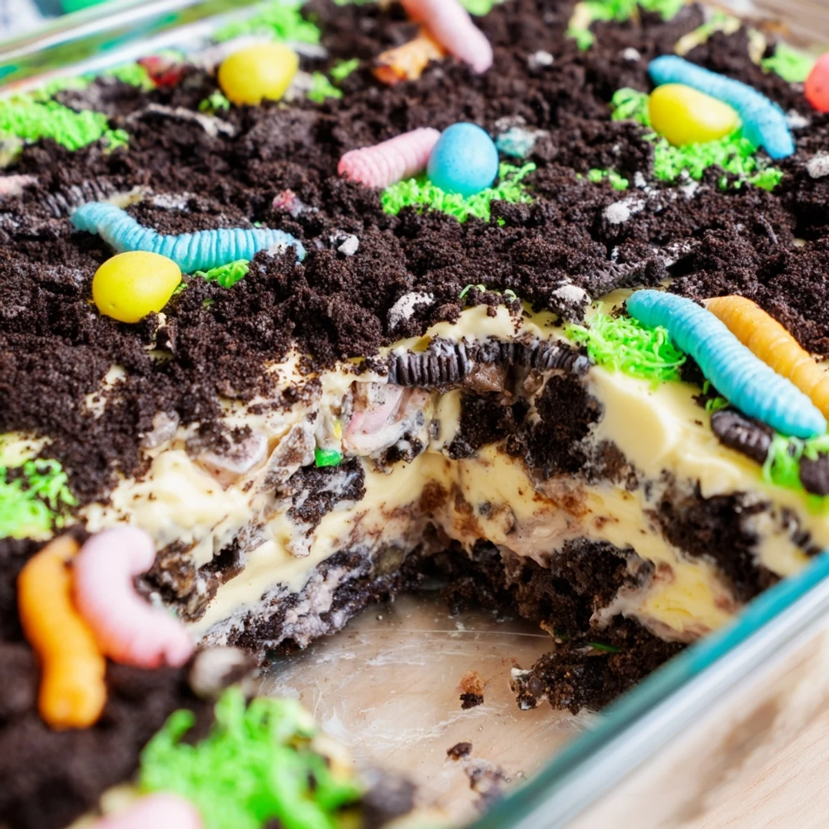 No-bake Easter dirt cake casserole displayed in a glass dish featuring pastel candy eggs and green coconut grass