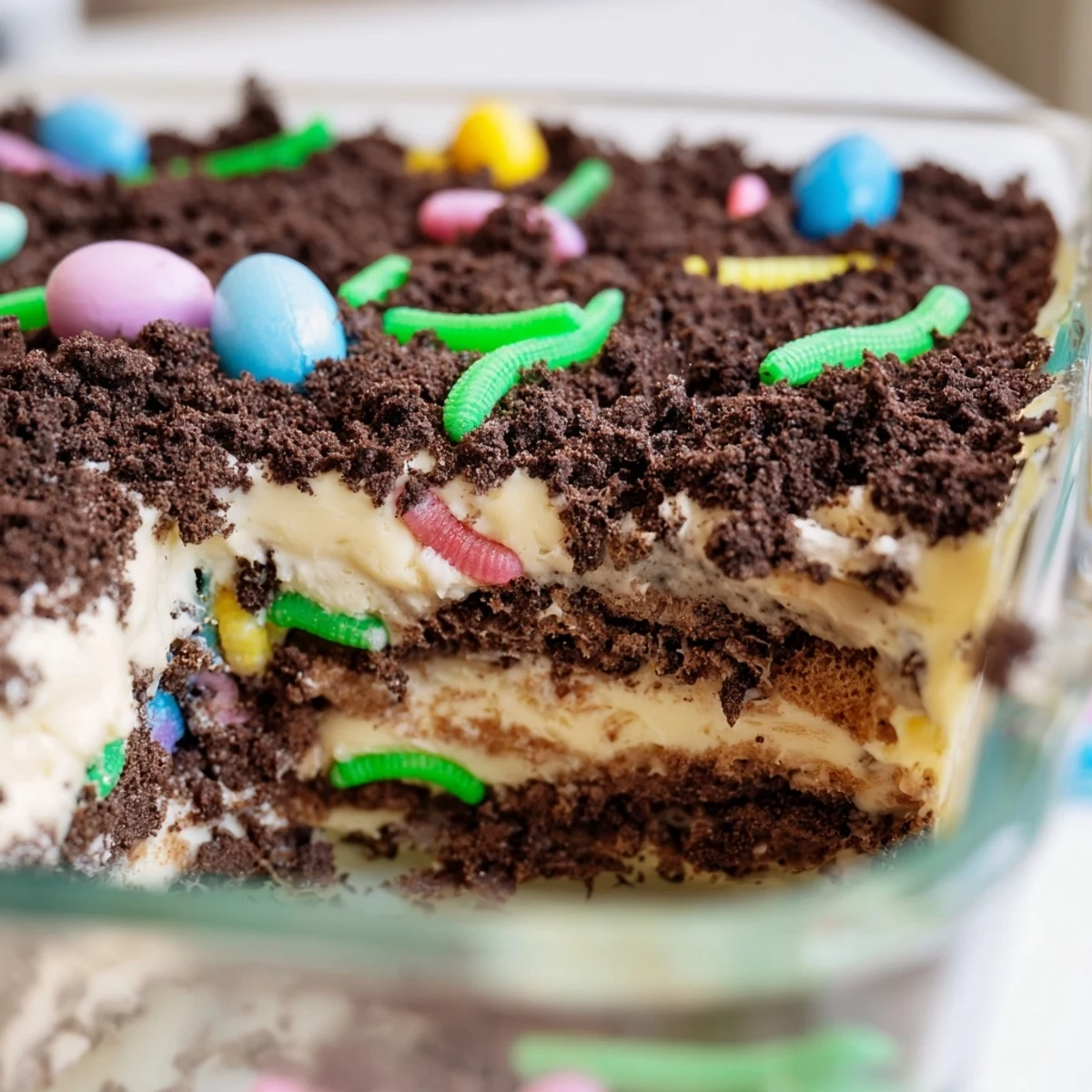 Creamy Easter dirt cake casserole sprinkled with crushed Oreos and playful gummy worms for spring dessert tables