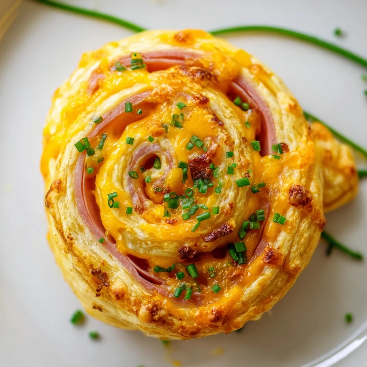 Close up of baked Easter Ham Cheddar Pinwheels showing the colorful ham and cheese swirls
