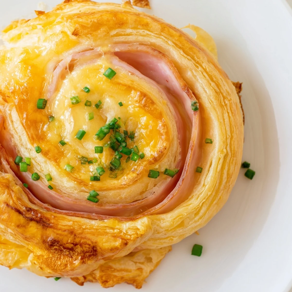 Spiral shaped Easter Ham Cheddar Pinwheels arranged on a white serving platter for spring